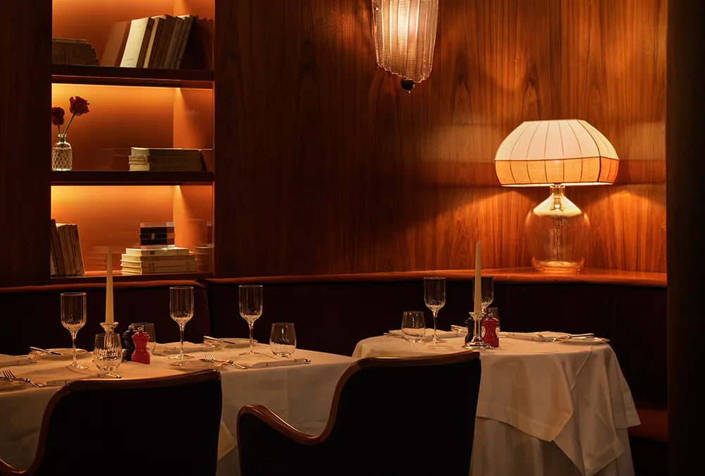 Interior of The Dover restaurant, tables set up ready for service