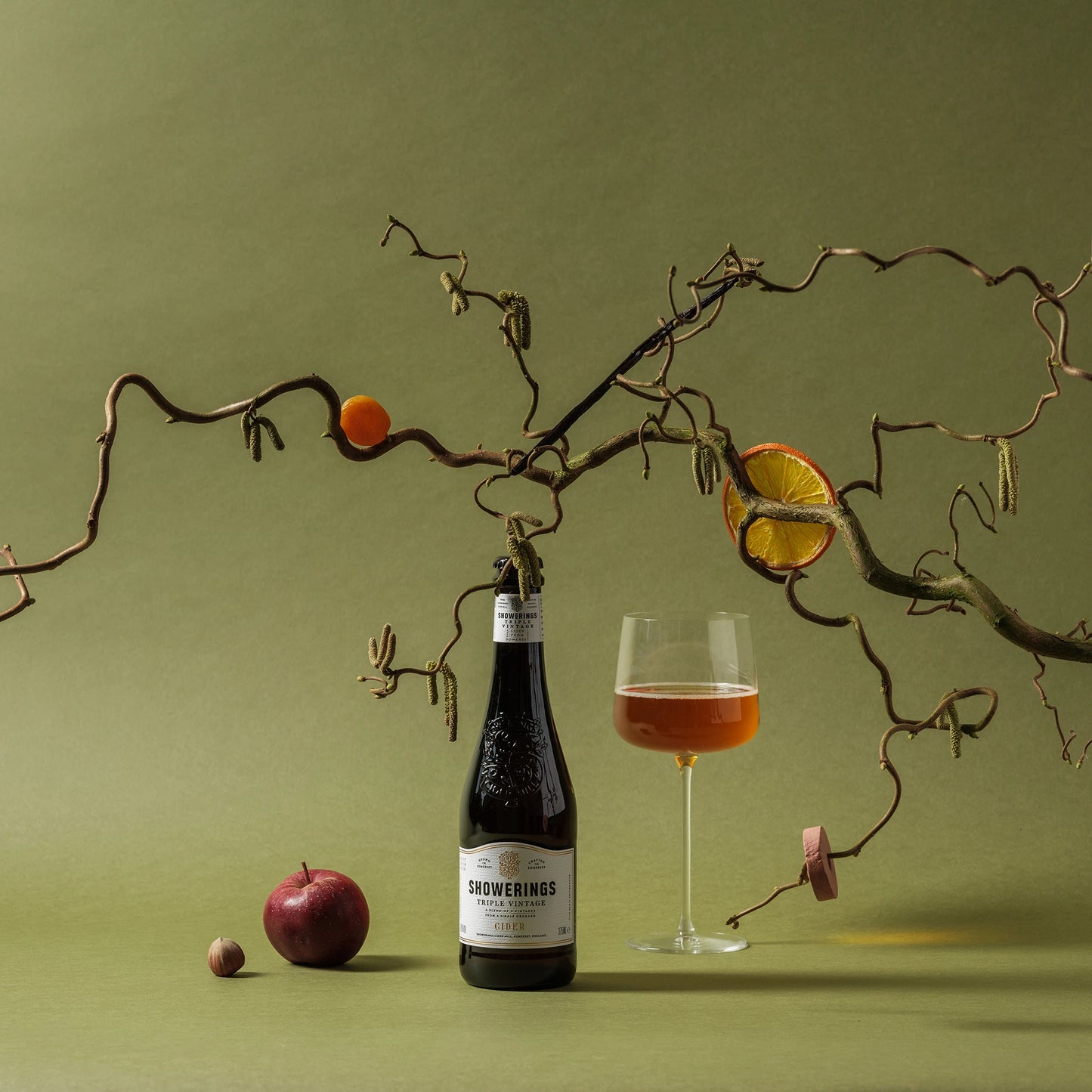 
                  
                    A bottle of cider and a full wine glass of dark golden cider, with real life visuals of it’s tasting notes
                  
                